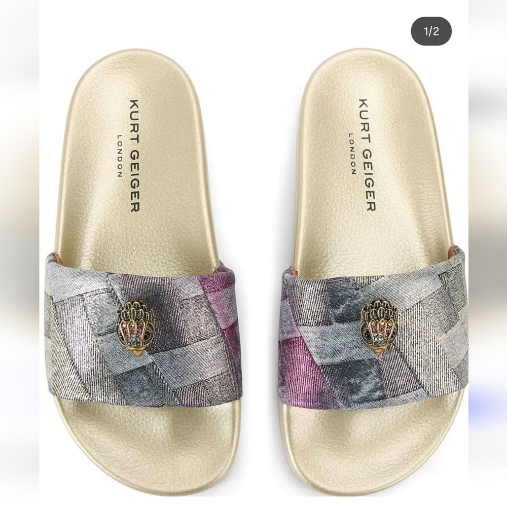 New With The Box Kurt Geiger Metallic Gold Slide Sandals with Multicolor Straps